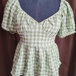 Sweetheart Gingham Peplum Blouse in Mint Green